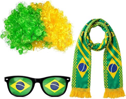 Brazil World Cup Fan Wig Hat Set with Scarf Flag Sunglasses, Afro Wig Soccer Costume, World Soccer Cup Fans Cheer Accessories for Sports Events, Parties and Team Support White Red in Saudi Arabia