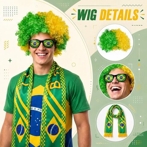 Brazil World Cup Fan Wig Hat Set with Scarf Flag Sunglasses, Afro Wig Soccer Costume, World Soccer Cup Fans Cheer Accessories for Sports Events, Parties and Team Support White Red in Saudi Arabia