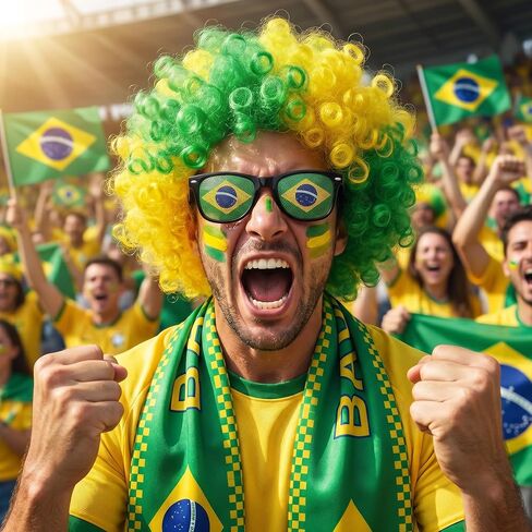 Brazil World Cup Fan Wig Hat Set with Scarf Flag Sunglasses, Afro Wig Soccer Costume, World Soccer Cup Fans Cheer Accessories for Sports Events, Parties and Team Support White Red in Saudi Arabia