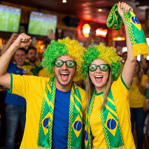 Brazil World Cup Fan Wig Hat Set with Scarf Flag Sunglasses, Afro Wig Soccer Costume, World Soccer Cup Fans Cheer Accessories for Sports Events, Parties and Team Support White Red in Saudi Arabia