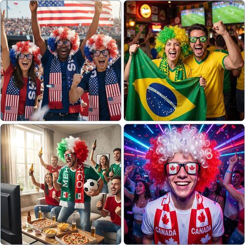 Brazil World Cup Fan Wig Hat Set with Scarf Flag Sunglasses, Afro Wig Soccer Costume, World Soccer Cup Fans Cheer Accessories for Sports Events, Parties and Team Support White Red in Saudi Arabia