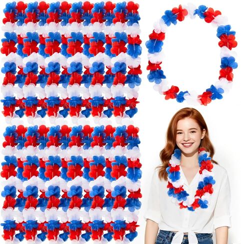 MAQIHAN Red White and Blue Leis - 12 Pcs 4th of July Accessories Party Favors Red White and Blue Flower Silk Leis Costume Accessories Fourth July Independence Memorial Day Garlands Necklace Decoration in Kuwait