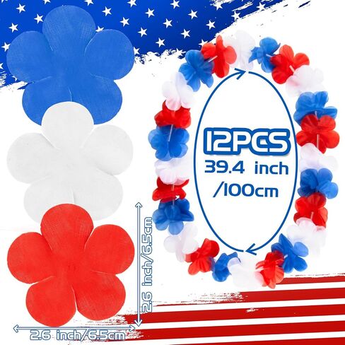 MAQIHAN Red White and Blue Leis - 12 Pcs 4th of July Accessories Party Favors Red White and Blue Flower Silk Leis Costume Accessories Fourth July Independence Memorial Day Garlands Necklace Decoration in Kuwait