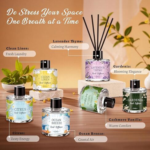 6 Pack Reed Diffuser Sets, Essential Oil Reed Diffusers for Home with 30 Sticks, Long Lasting Scent, Gift Ready Fragrance Diffuser for Bedroom, Bathroom, Office, Home Decor (1.69oz Each) in Saudi Arabia