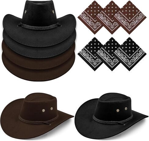 12Pcs Western Cowboy Hat and Bandana, Wide Brim Cowboy Hats Faux Suede Cowgirl Hats Bulk with Adjustable Drawstring for Men Women Costume Party(Brown+Black) in Saudi Arabia