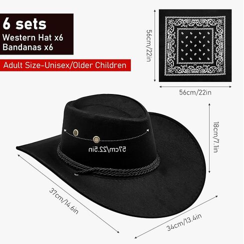 12Pcs Western Cowboy Hat and Bandana, Wide Brim Cowboy Hats Faux Suede Cowgirl Hats Bulk with Adjustable Drawstring for Men Women Costume Party(Brown+Black) in Saudi Arabia