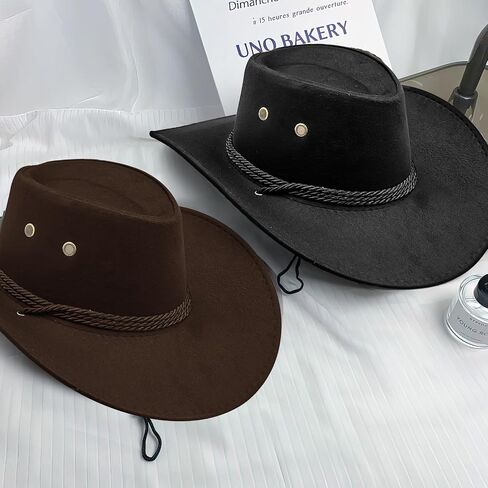 12Pcs Western Cowboy Hat and Bandana, Wide Brim Cowboy Hats Faux Suede Cowgirl Hats Bulk with Adjustable Drawstring for Men Women Costume Party(Brown+Black) in Saudi Arabia