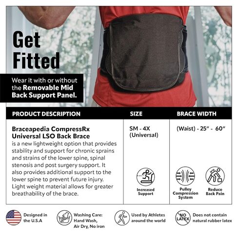 CompressRx Universal LSO Back Brace, Medical-Grade Compression Belt, Lumbar Support for Lower Back Pain, Spinal Stenosis, & Post Surgery Relief, Breathable & Adjustable, Size Small-4XL in Kuwait