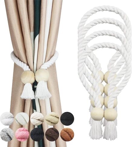2 Pack White Magnetic Curtain Tiebacks Cotton Hand Woven Tieback Holdback Decorative Tie Backs for Drapes with Wooden Buckle No Tools Required in Saudi Arabia