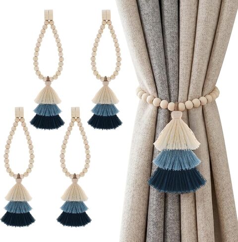 Magnetic Curtain Tiebacks with Wood Beads,2PCS Boho Curtain Tie Backs with Triple Tassels,No Drill Drapery Blue Curtain Ties,Decorative Curtain Holders for Farmhouse,Bedroom,Living Room (2, Blue) in Saudi Arabia