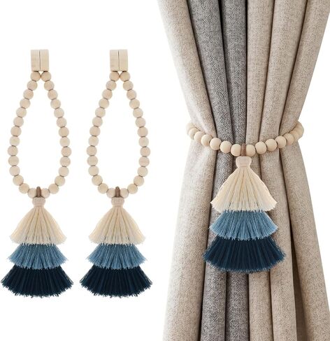 Magnetic Curtain Tiebacks with Wood Beads,2PCS Boho Curtain Tie Backs with Triple Tassels,No Drill Drapery Blue Curtain Ties,Decorative Curtain Holders for Farmhouse,Bedroom,Living Room (2, Blue) in Saudi Arabia