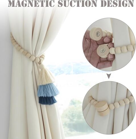 Magnetic Curtain Tiebacks with Wood Beads,2PCS Boho Curtain Tie Backs with Triple Tassels,No Drill Drapery Blue Curtain Ties,Decorative Curtain Holders for Farmhouse,Bedroom,Living Room (2, Blue) in Saudi Arabia