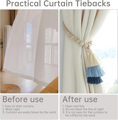 Magnetic Curtain Tiebacks with Wood Beads,2PCS Boho Curtain Tie Backs with Triple Tassels,No Drill Drapery Blue Curtain Ties,Decorative Curtain Holders for Farmhouse,Bedroom,Living Room (2, Blue) in Saudi Arabia