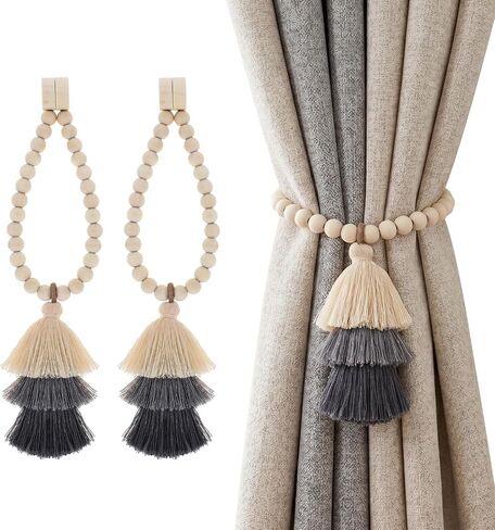Magnetic Curtain Tiebacks with Wood Beads,2PCS Boho Curtain Tie Backs with Triple Tassels,No Drill Drapery Blue Curtain Ties,Decorative Curtain Holders for Farmhouse,Bedroom,Living Room (2, Blue) in Saudi Arabia