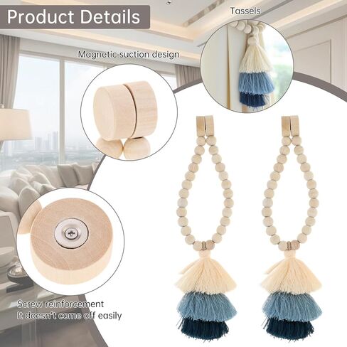 Magnetic Curtain Tiebacks with Wood Beads,2PCS Boho Curtain Tie Backs with Triple Tassels,No Drill Drapery Blue Curtain Ties,Decorative Curtain Holders for Farmhouse,Bedroom,Living Room (2, Blue) in Saudi Arabia