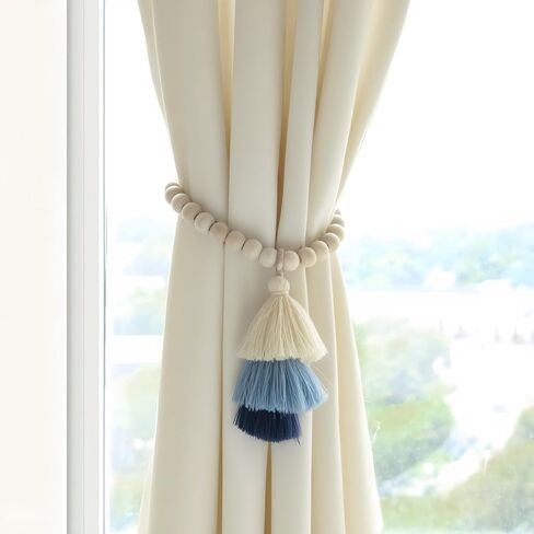 Magnetic Curtain Tiebacks with Wood Beads,2PCS Boho Curtain Tie Backs with Triple Tassels,No Drill Drapery Blue Curtain Ties,Decorative Curtain Holders for Farmhouse,Bedroom,Living Room (2, Blue) in Saudi Arabia