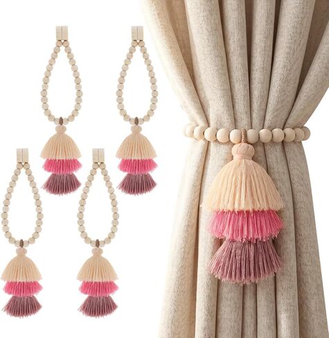 Magnetic Curtain Tiebacks with Wood Beads,2PCS Boho Curtain Tie Backs with Triple Tassels,No Drill Drapery Blue Curtain Ties,Decorative Curtain Holders for Farmhouse,Bedroom,Living Room (2, Blue) in Saudi Arabia