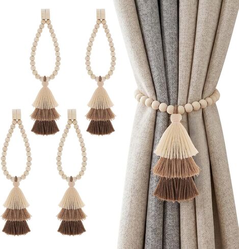Magnetic Curtain Tiebacks with Wood Beads,2PCS Boho Curtain Tie Backs with Triple Tassels,No Drill Drapery Blue Curtain Ties,Decorative Curtain Holders for Farmhouse,Bedroom,Living Room (2, Blue) in Saudi Arabia