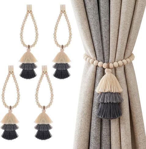 Magnetic Curtain Tiebacks with Wood Beads,2PCS Boho Curtain Tie Backs with Triple Tassels,No Drill Drapery Blue Curtain Ties,Decorative Curtain Holders for Farmhouse,Bedroom,Living Room (2, Blue) in Saudi Arabia