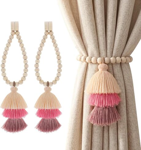 Magnetic Curtain Tiebacks with Wood Beads,2PCS Boho Curtain Tie Backs with Triple Tassels,No Drill Drapery Blue Curtain Ties,Decorative Curtain Holders for Farmhouse,Bedroom,Living Room (2, Blue) in Saudi Arabia