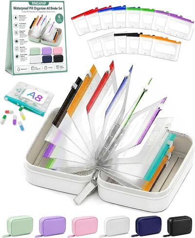 Waterproof Pill Organizer A8 Binder Set Pill Pouches for Travel 14PCS Bags Inside Large Zippered Pouch Bpa-Free Weekly Medicine Air Tight Pocket Color-Coded Reusable Travel Storage System in Kuwait