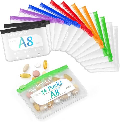 14 Pieces Pill Pouches Bags for Travel, A8 Reusable Zippered Pill Organizers, BPA Free Pill Storage with Slide Lock & Writable Label, Color-Coded Medicine Pouches for Supplements in Kuwait