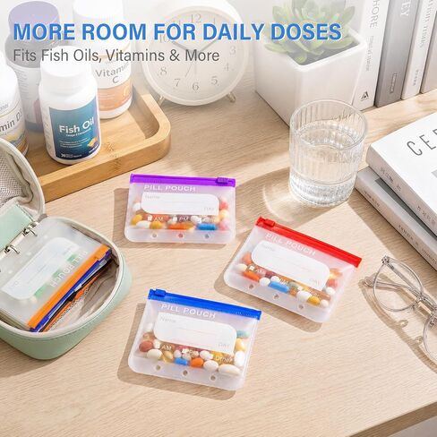 14 Pieces Pill Pouches Bags for Travel, A8 Reusable Zippered Pill Organizers, BPA Free Pill Storage with Slide Lock & Writable Label, Color-Coded Medicine Pouches for Supplements in Kuwait