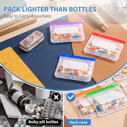 14 Pieces Pill Pouches Bags for Travel, A8 Reusable Zippered Pill Organizers, BPA Free Pill Storage with Slide Lock & Writable Label, Color-Coded Medicine Pouches for Supplements in Kuwait