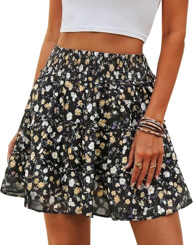 Naggoo Womens Summer Mini Skirt with Shorts Flowy Ruffle High Waisted Tiered Floral Skirt Skorts in Kuwait