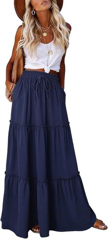 Younrui Maxi Skirts for Women 2026 Casual Elastic High Waist Tie Flowy Tiered Ruffled Long Skirt with Pockets in Saudi Arabia