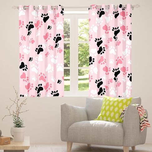 ستائر Feelyou Dog Paw لغرفة النوم وغرفة المعيشة للأطفال والأولاد والبنات ستائر تعتيم للكلب Kawaii (لوحتان، 42 × 63 بوصة) طباعة حيوانات الكلب ستائر داكنة ديكور وردي وأبيض وأسود لمعالجة النوافذ in Saudi Arabia