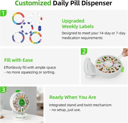 14-Day Standing Pill Dispenser with One-Press, No-Flip Design - Wall-Mountable or Free-Standing, 14 Large Compartments, Daily Medication Organizer for Seniors, Elderly in Saudi Arabia