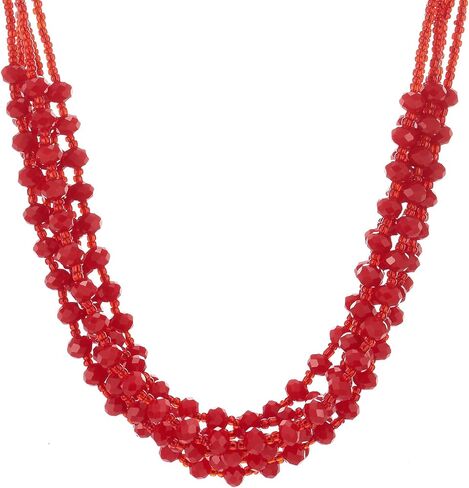 COOLSTEELANDBEYOND Women's Bold Red Beaded Necklace, Multi-Strand Faceted Statement Choker, Vibrant Crimson Layered Jewelry, Boho Chic Accessory, Festive Gift for Her in Kuwait