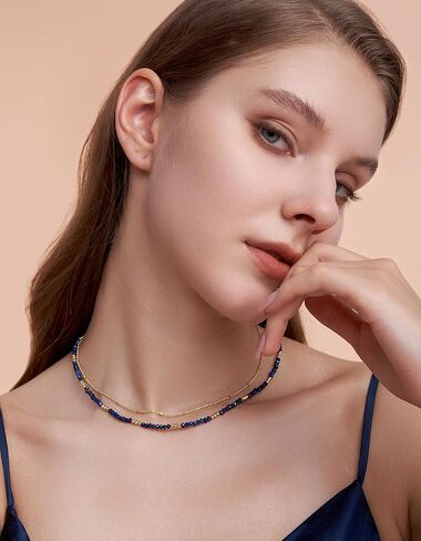 SNGIA Lapis Lazuli Beaded Necklace for Women, 18K Gold Plated Layered Chain Necklace, Blue Stone Choker Adjustable Dainty Minimalist Jewelry Gift in Kuwait