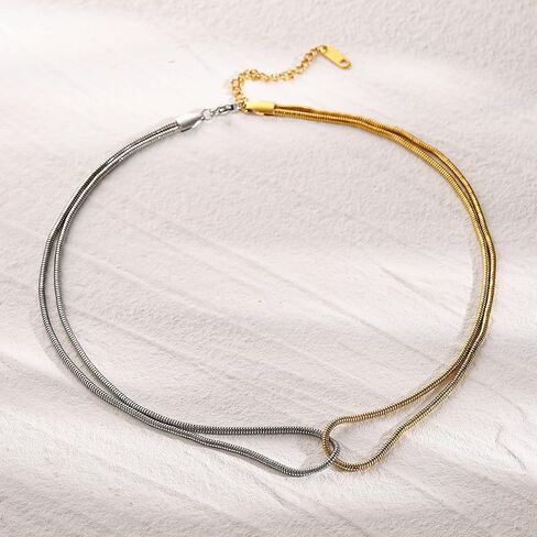 Two Tone Snake Chain Twisted Link Necklace For women, 18K PVD Gold Silver Waterproof Stainless Steel, Dual Color Mixed Double Layer Chain Necklace Fashion Jewelry Gifts For Mom Ladies in Saudi Arabia