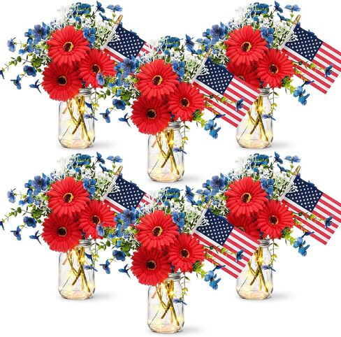 Domensi 6 Set Patriotic Centerpiece 4th of July Table Centerpiece Decoration Red and Blue Artificial Daisy Flower, Glass Mason Jars with String Light and Mini American Flags Decor for 250 Anniversary in Kuwait