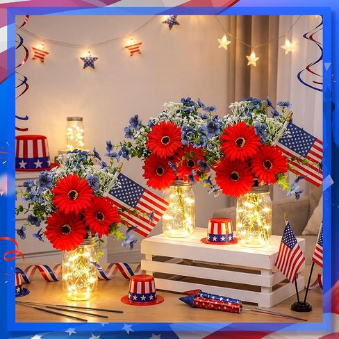 Domensi 6 Set Patriotic Centerpiece 4th of July Table Centerpiece Decoration Red and Blue Artificial Daisy Flower, Glass Mason Jars with String Light and Mini American Flags Decor for 250 Anniversary in Kuwait