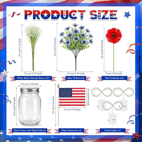 Domensi 6 Set Patriotic Centerpiece 4th of July Table Centerpiece Decoration Red and Blue Artificial Daisy Flower, Glass Mason Jars with String Light and Mini American Flags Decor for 250 Anniversary in Kuwait