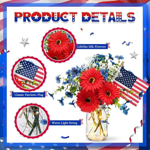 Domensi 6 Set Patriotic Centerpiece 4th of July Table Centerpiece Decoration Red and Blue Artificial Daisy Flower, Glass Mason Jars with String Light and Mini American Flags Decor for 250 Anniversary in Kuwait