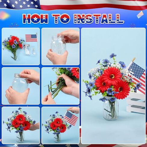 Domensi 6 Set Patriotic Centerpiece 4th of July Table Centerpiece Decoration Red and Blue Artificial Daisy Flower, Glass Mason Jars with String Light and Mini American Flags Decor for 250 Anniversary in Kuwait
