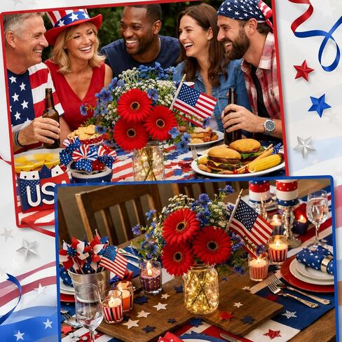 Domensi 6 Set Patriotic Centerpiece 4th of July Table Centerpiece Decoration Red and Blue Artificial Daisy Flower, Glass Mason Jars with String Light and Mini American Flags Decor for 250 Anniversary in Kuwait