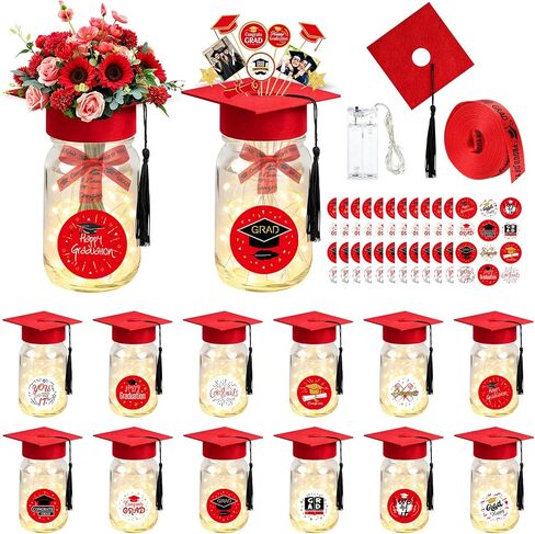 12 Sets Graduation Decorations Mason Jar Graduation Tables Centerpieces for Class of 2026 with Graduation Cap with Hole and Tasse for Flowers Graduation Party Ceremony School Event Decor (Pink) in Kuwait