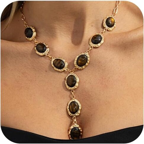 Long Chunky Gold Brown Crystal Pendant Y Necklace for Women Vintage, Fashion Beaded Oval Resin Chain Necklaces Y2k Vacation Party Costune Jewelry Gift in Saudi Arabia