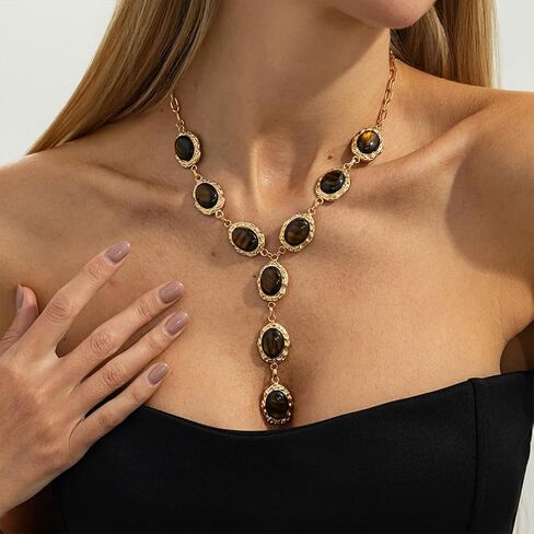 Long Chunky Gold Brown Crystal Pendant Y Necklace for Women Vintage, Fashion Beaded Oval Resin Chain Necklaces Y2k Vacation Party Costune Jewelry Gift in Saudi Arabia