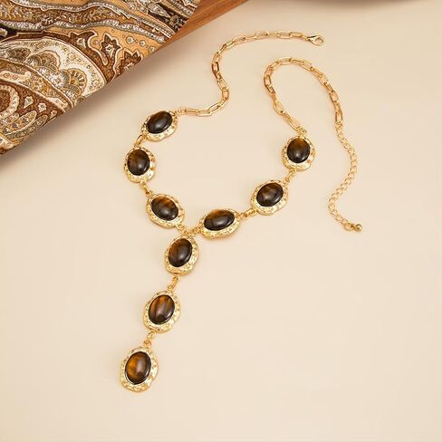 Long Chunky Gold Brown Crystal Pendant Y Necklace for Women Vintage, Fashion Beaded Oval Resin Chain Necklaces Y2k Vacation Party Costune Jewelry Gift in Saudi Arabia