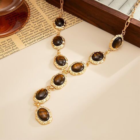 Long Chunky Gold Brown Crystal Pendant Y Necklace for Women Vintage, Fashion Beaded Oval Resin Chain Necklaces Y2k Vacation Party Costune Jewelry Gift in Saudi Arabia