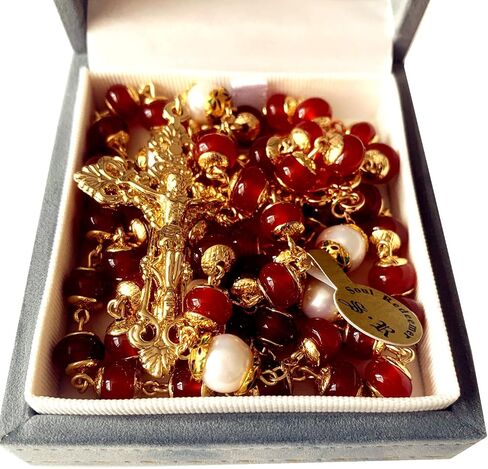 Soul Redeemer Handmade Red Agate & Natural Pearl Prayer Rosary Crucifix Beads Catholic Gift Gold in Kuwait