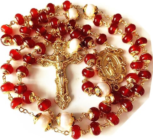 Soul Redeemer Handmade Red Agate & Natural Pearl Prayer Rosary Crucifix Beads Catholic Gift Gold in Kuwait