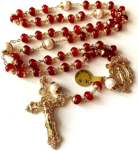 Soul Redeemer Handmade Red Agate & Natural Pearl Prayer Rosary Crucifix Beads Catholic Gift Gold in Kuwait