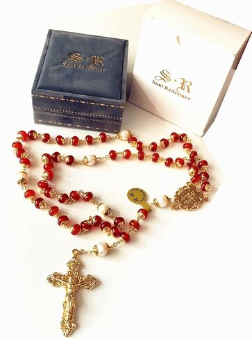 Soul Redeemer Handmade Red Agate & Natural Pearl Prayer Rosary Crucifix Beads Catholic Gift Gold in Kuwait